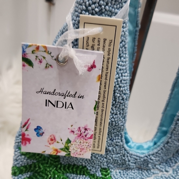 🔹️Made In india 🔹️Blue  Vacation Palm Trees Summer Beach Beaded Tote Bag - Picture 3 of 11